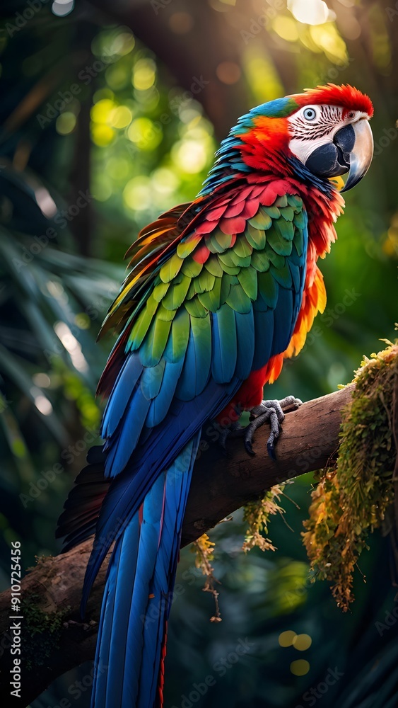 Obraz premium Colorful macaw parrot in the jungle. macaw parrot with colorful plumage and a long tail sitting on the tree branch. colorful parrot in the rain forest, wildlife and nature concept