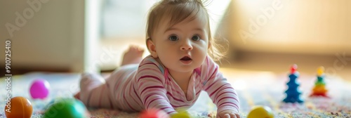 An adorable baby wearing a striped onesie is lying on the floor and looking intensely at colorful toys in a well-lit room. photo