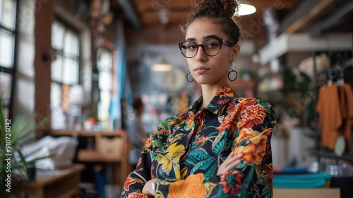 A senior fashion designer launching a new line, influencing trends with timeless style