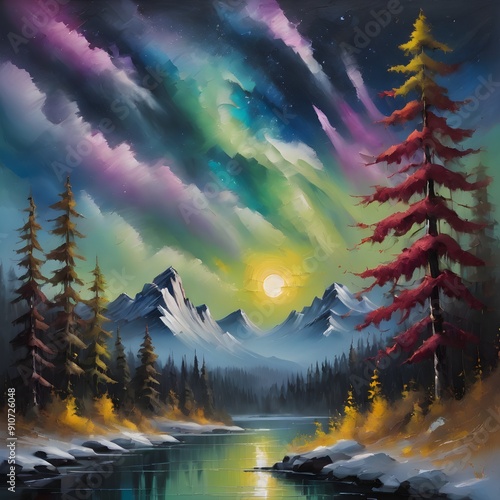 This exquisite painting captures the serene beauty of a mountain lake surrounded by lush forests, enhanced by a vibrant rainbow arching gracefully across the sky