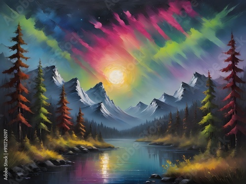 This exquisite painting captures the serene beauty of a mountain lake surrounded by lush forests, enhanced by a vibrant rainbow arching gracefully across the sky