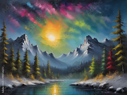 This exquisite painting captures the serene beauty of a mountain lake surrounded by lush forests, enhanced by a vibrant rainbow arching gracefully across the sky