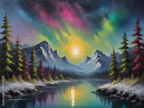 This exquisite painting captures the serene beauty of a mountain lake surrounded by lush forests, enhanced by a vibrant rainbow arching gracefully across the sky