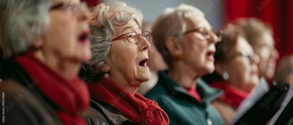 Older adults in a community choir, performing contemporary songs with a twist of experience Older adults in a community choir, performing contemporary songs with a twist of experience
