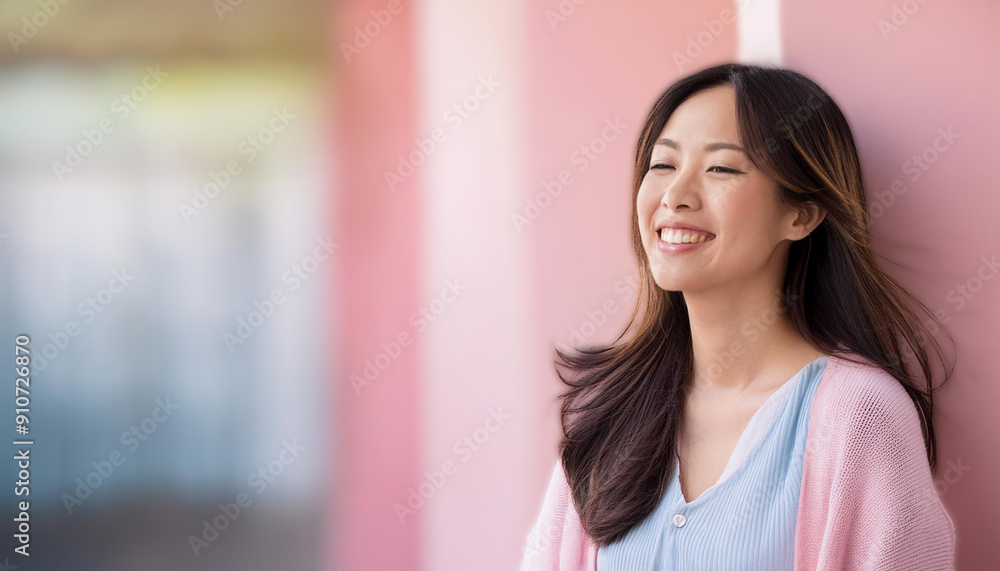 A portrait of a smiling woman with long, smooth hair, captured against a soft, natural beauty, making it perfect for use in advertisements related to beauty, health, lifestyle, and wellness, happy A portrait of a smiling woman with long, smooth hair, captured against a soft, natural beauty, making it perfect for use in advertisements related to beauty, health, lifestyle, and wellness, happy
