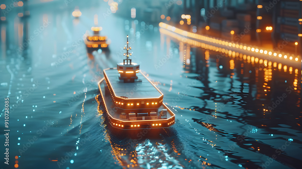 Autonomous cargo ships in a smart port, depicting the future of shipping Autonomous cargo ships in a smart port, depicting the future of shipping