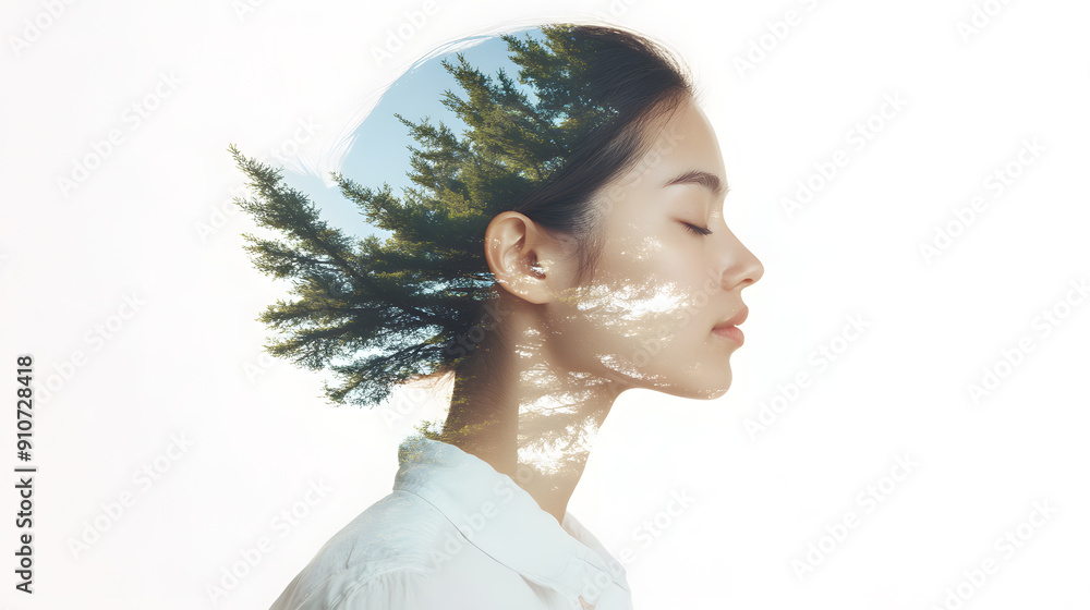 Double exposure portrait of an Asian woman and tree, isolated on a white background. Human and natural elements, eco-friendly themes and creative, nature-inspired aesthetics for a tranquil visual. Double exposure portrait of an Asian woman and tree, isolated on a white background. Human and natural elements, eco-friendly themes and creative, nature-inspired aesthetics for a tranquil visual.