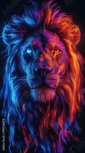 Lion with neon blue and orange lighting