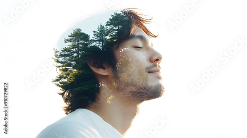 Portrait of an Asian man and a tree in a double exposure concept, nature-inspired imagery isolated on a white background. Artistic blend the harmony of humans and nature, eco-friendly composition.
