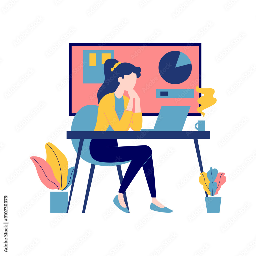 Flat Design Illustration of Woman Employee Working with Laptop at Office Flat Design Illustration of Woman Employee Working with Laptop at Office