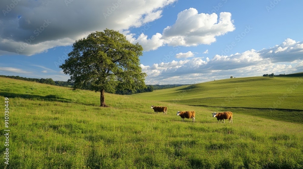 Obraz premium Cows Grazing in a Rolling Green Meadow Under a Blue Sky