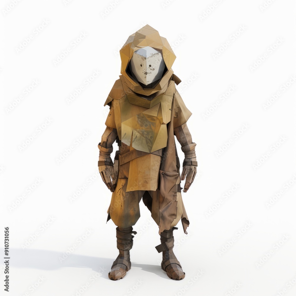 3D Render, Low Poly style of dystopian NPC with a makeshift helmet and a grimy, worn outfit, on isolated white background
