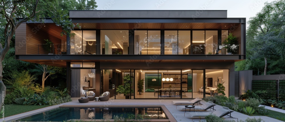 Serene Oasis - Luxurious Backyard Haven with Swimming Pool, Stylish Sun Loungers, and Lush Landscaping Serene Oasis - Luxurious Backyard Haven with Swimming Pool, Stylish Sun Loungers, and Lush Landscaping