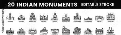 Famous Indian Landmarks & Monuments like Qutub Minar, Lotus Temple, Jama Masjid, Red Fort, Meenakshi Temple, Victoria Memorial, Humayun's Tomb & More Palaces, Temples, and Forts with Editable Strokes