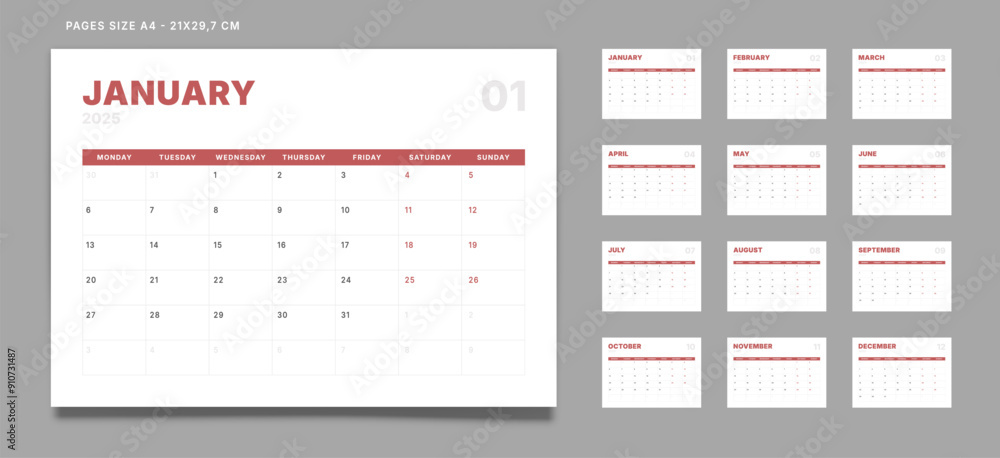 Set of 12 Pages Monthly Calendar Planner Templates on 2025 year. Vector mockup of a wall or desktop calendar with the week start on Monday for print. Pages size A4 -21x29.7cm Set of 12 Pages Monthly Calendar Planner Templates on 2025 year. Vector mockup of a wall or desktop calendar with the week start on Monday for print. Pages size A4 -21x29.7cm