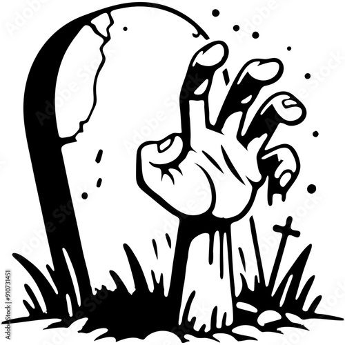 Zombie hand reaches up crawling out of grave in monochrome. Simple minimalistic vector in black ink drawing on transparent background