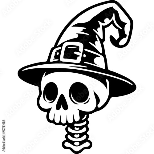 Halloween mannequin in form of human skeleton dressed in a witch headdress in monochrome. Simple minimalistic vector in black ink drawing on transparent background