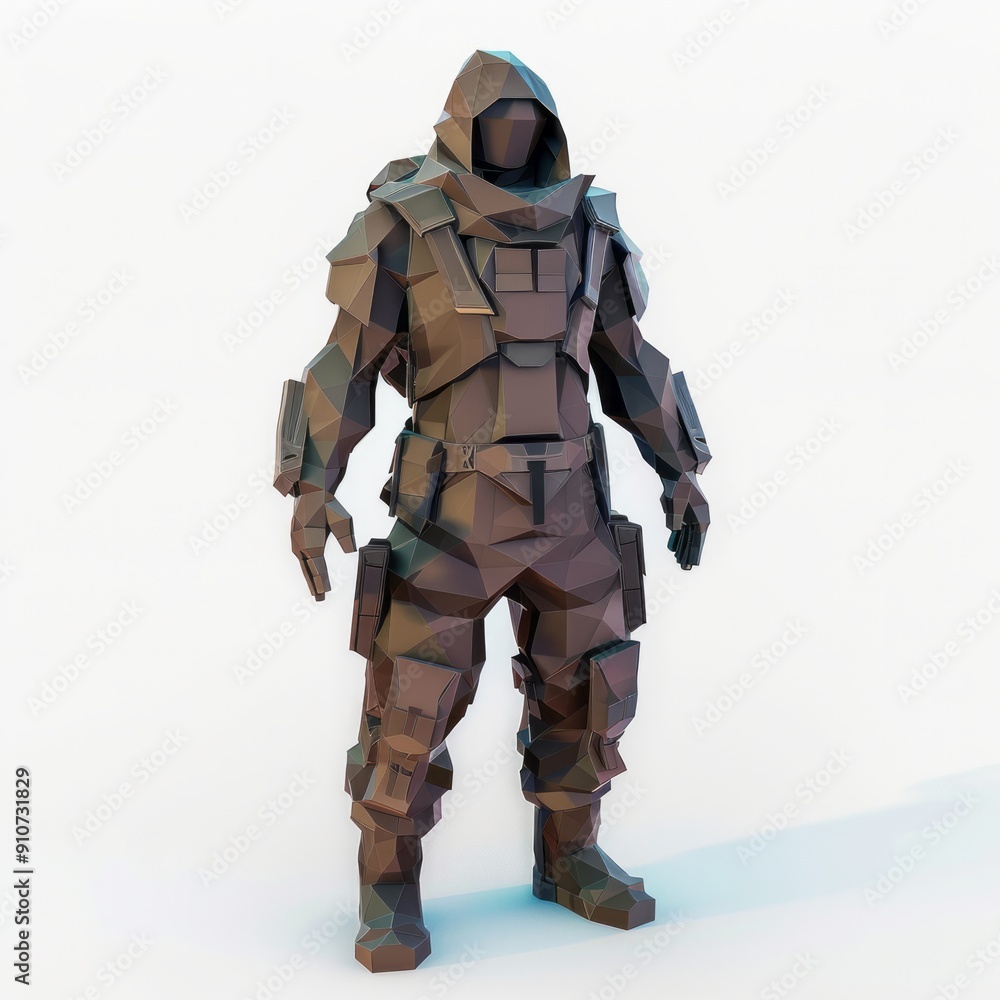 3D Render, Low Poly style of dystopian NPC with a rugged survival outfit and an assortment of gadgets, on isolated white background 3D Render, Low Poly style of dystopian NPC with a rugged survival outfit and an assortment of gadgets, on isolated white background