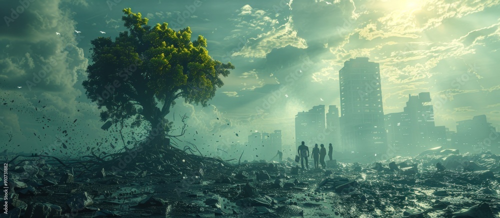Obraz premium Lone Tree in Post-Apocalyptic Cityscape