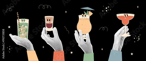 People halftone collage hands hold alcoholic cocktails. Funky characters in retro groovy style. Contemporary newspaper elements on black background
