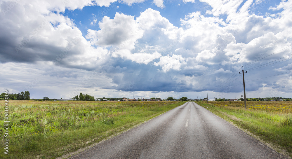 A road with a few houses in the distance and a few birds flying in the sky