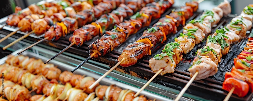Variety of grilled street foods on display at a vibrant Chinese cafe, Chinese, grilling Variety of grilled street foods on display at a vibrant Chinese cafe, Chinese, grilling