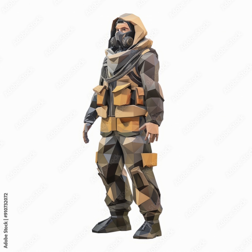 3D Render, Low Poly style of dystopian NPC with a rugged, patched-up outfit, on isolated white background 3D Render, Low Poly style of dystopian NPC with a rugged, patched-up outfit, on isolated white background