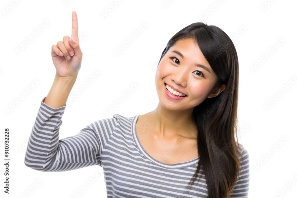 Young beautiful asian woman pointing upward, isolated on white background. Generative AI. Young beautiful asian woman pointing upward, isolated on white background. Generative AI.