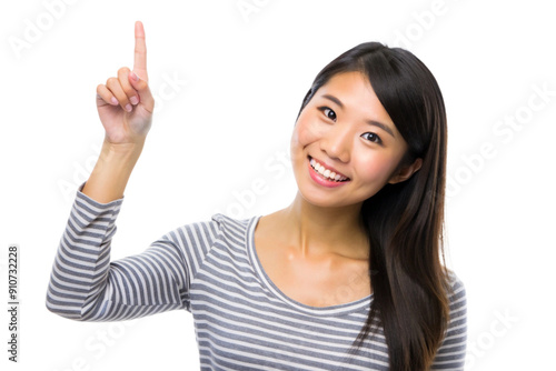 Young beautiful asian woman pointing upward, isolated on white background. Generative AI. 