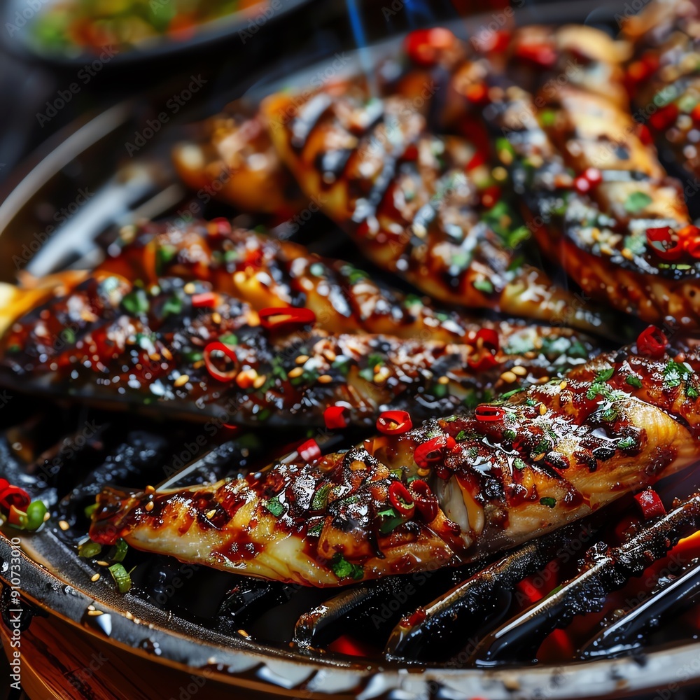Closeup of sizzling Sichuanstyle grilled fish on a hot plate, Chinese, grilling Closeup of sizzling Sichuanstyle grilled fish on a hot plate, Chinese, grilling