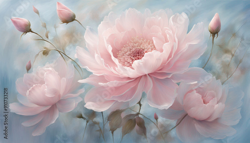 Fototapeta Naklejka Na Ścianę i Meble -  A cluster of vibrant pink peonies in full bloom, showcasing nature's beauty with delicate petals and lush green foliage