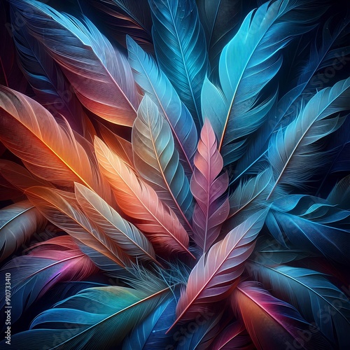 Vivid fractal pattern with feather swirls, spectrum color explosion photo