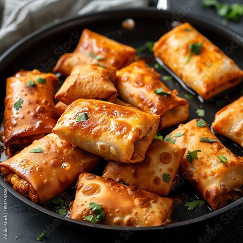 Frying pan with golden, crispy Mexican chimichangas in a traditional kitchen, Mexican, frying photo