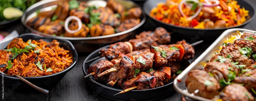 Fototapeta premium Indian buffet spread featuring roasted lamb kebabs and biryani, Indian, roasting
