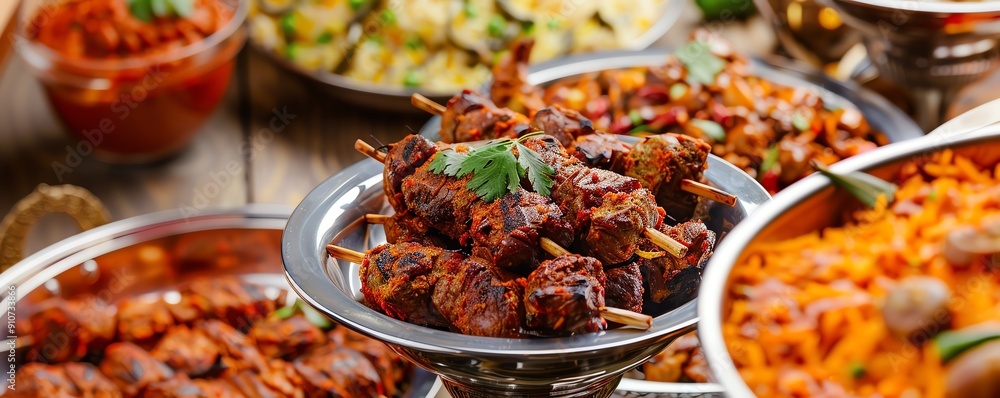 Indian buffet spread featuring roasted lamb kebabs and biryani, Indian, roasting Indian buffet spread featuring roasted lamb kebabs and biryani, Indian, roasting