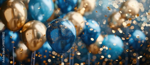 Festive Celebration with Blue and Gold Balloons and Confetti in a Vibrant Party Atmosphere