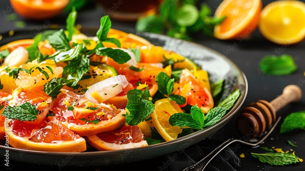Italian citrus salad with honey and mint, bursting with vitamins, Italian, sweet Italian citrus salad with honey and mint, bursting with vitamins, Italian, sweet