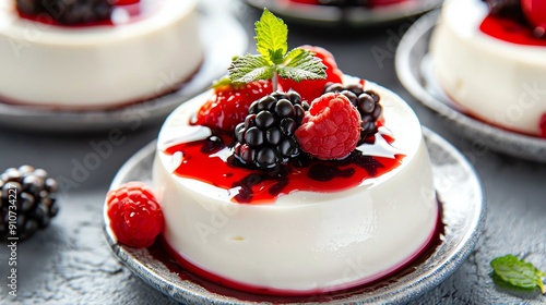 Italian panna cotta topped with a mix of vitaminrich fruits, Italian, sweet photo