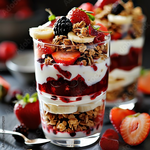 Italian yogurt parfait layered with vitaminrich fruits and granola, Italian, sweet photo