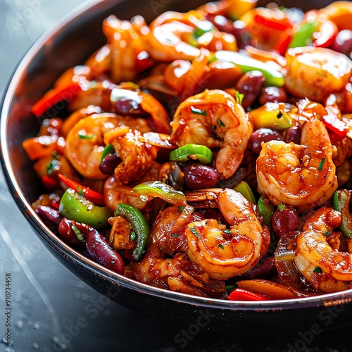 Sour and spicy Chinese shrimp stirfry with proteinrich soybeans, Chinese, sour photo