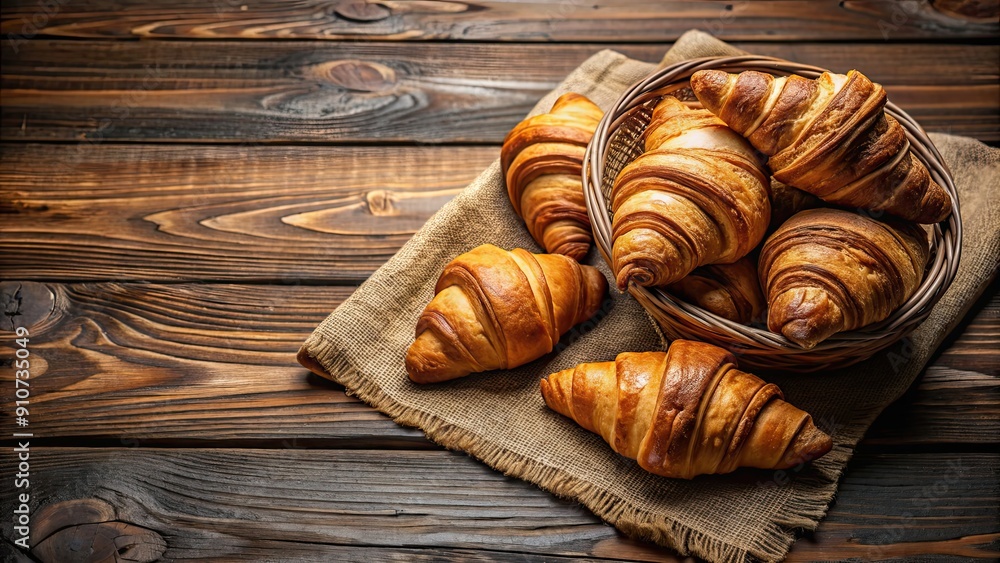 Croissants displayed on a rustic wooden table , pastries, breakfast, bakery, French, fresh, delicious, flaky Croissants displayed on a rustic wooden table , pastries, breakfast, bakery, French, fresh, delicious, flaky