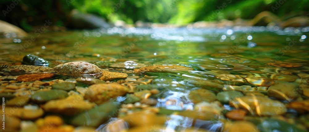 Fototapeta premium Serene River Flowing Over Smooth Pebbles in Lush Green Forest Setting