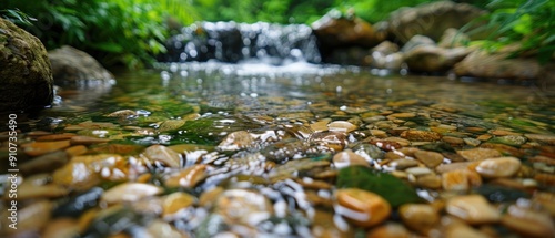 Serene Nature: Close-up of Crystal-Clear Stream Flowing Over Smooth Pebbles with Vibrant Greenery in Sharp Focus