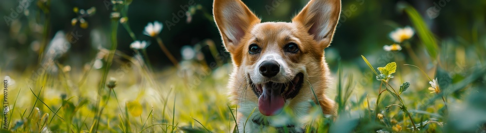 A happy corgi with its tongue out, surrounded by blooming daisies in a field, radiating joy and playfulness in the great outdoors. A happy corgi with its tongue out, surrounded by blooming daisies in a field, radiating joy and playfulness in the great outdoors.