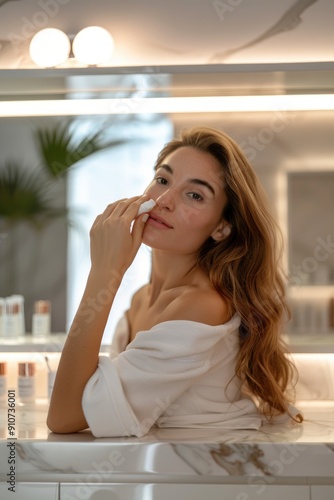 Woman Applying Skincare in Bathroom