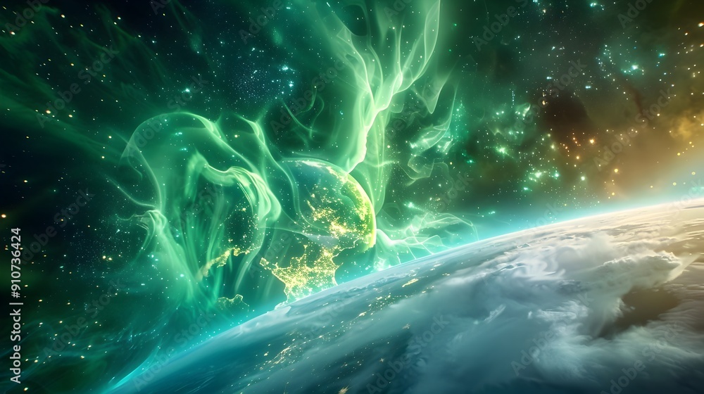 Green Aurora Borealis over Earth. Green Aurora Borealis over Earth.
