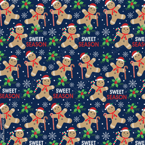 Christmas seamless pattern with  gingerbread man and wreath