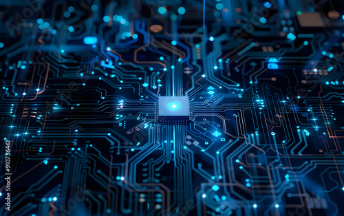 This detailed photo showcases a stateoftheart circuit board featuring illuminated blue lights and a central processor, emphasizing advancements in modern technology and electronics
