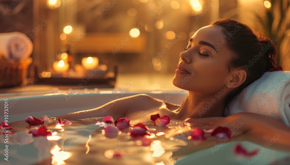 Woman Relaxing in Bath with Rose Petals Woman Relaxing in Bath with Rose Petals