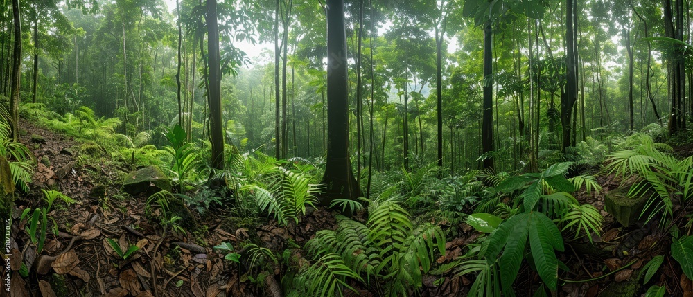 Fototapeta premium Serene Panoramic View of Lush Rainforest with Diverse Plant Life and Towering Trees